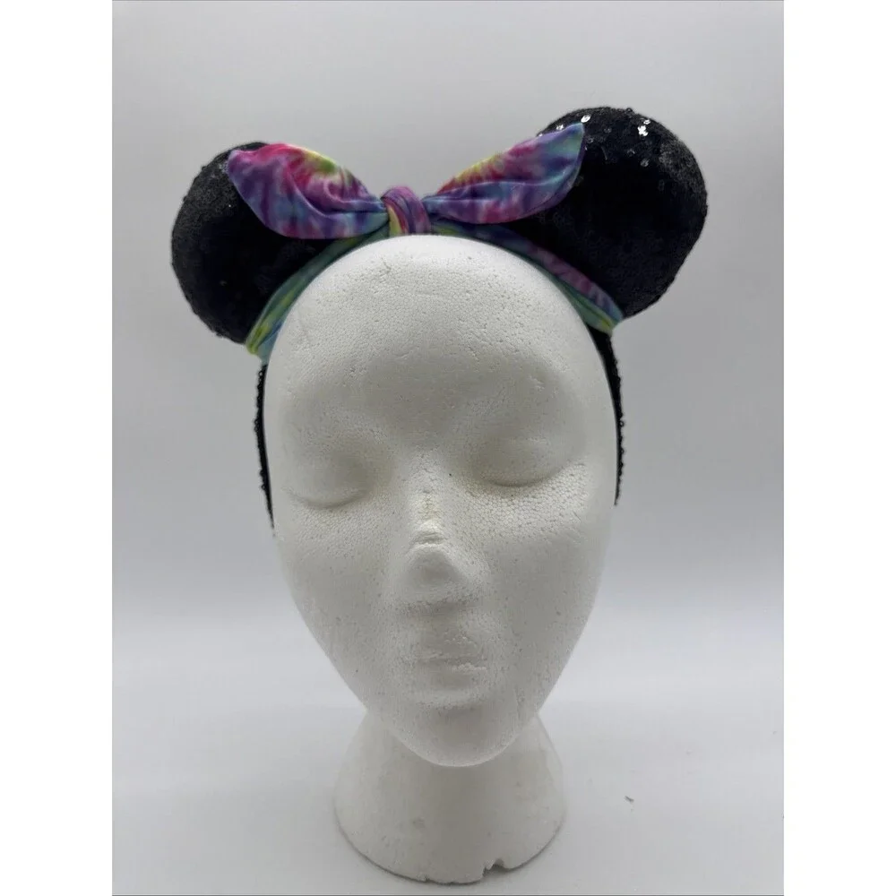Tie Dye Sequins Minnie Mouse Hippie Ears Headband Black For Disney Parks